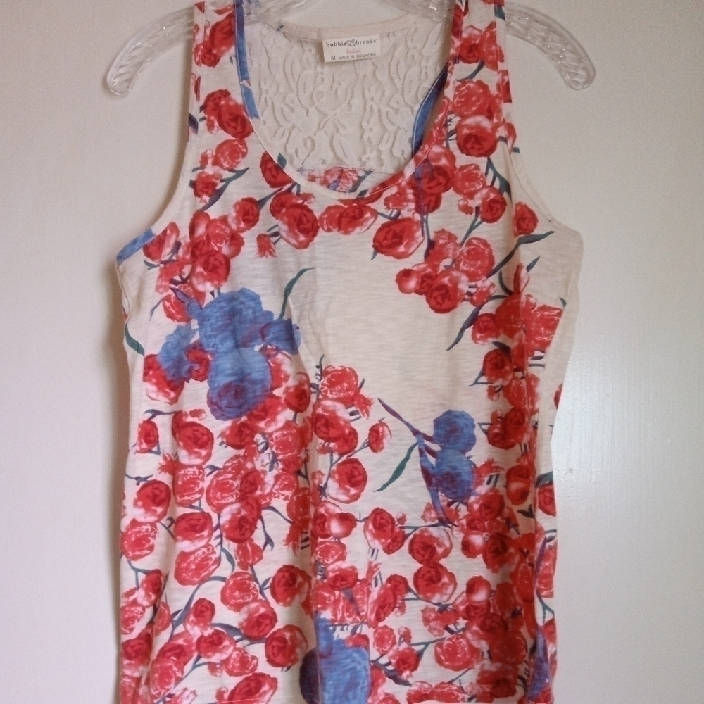Bobbi Brooks floral racer back tank top with lace insert women's size m